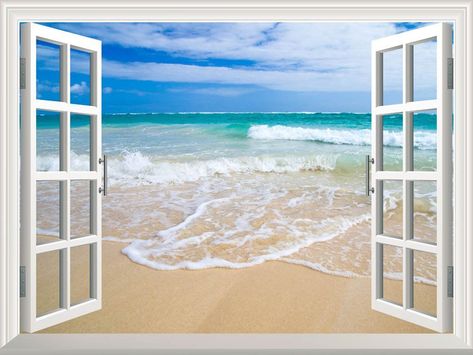 Amazon.com - White Beach with Blue Sea and Palm Tree Open Window Mural Wall Sticker - 36"x48" - Fake Window, Faux Window, Landscape Wall Decor, Deco Stickers, Removable Wall Stickers, Beach Bedroom, Window View, Window Frame, Beach Wall Art