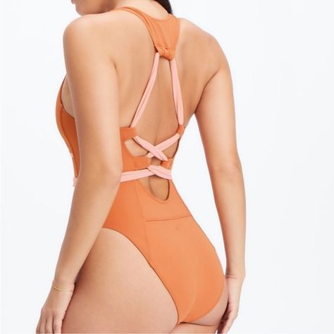 Fabletics Womens Lace-Up Racerback Swimsuit Sz Xxl Piece Sequoia Pink Tint Upf Racerback Swimsuit, Racer Back, Orange Pink, Color Orange, Pink And Orange, Swimming, Lace Up, One Piece, Orange