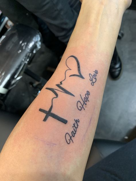 Tattoo Ideas Faith Hope Love, Faith Love Hope Tattoos For Women, Love Hope Faith Tattoo, Hope Faith Love Tattoo, Tattoos For Women Faith, Hope Tattoos For Women, Faith Based Tattoos, Small Memorial Tattoos, Wrist Tats