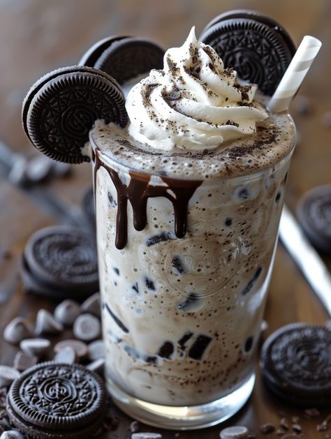 Cookies & Cream Frappuccino  🍫    𝗜𝗻𝗴𝗿𝗲𝗱𝗶𝗲𝗻𝘁𝘀: • 2 cups of ice cubes • 1 cup of milk • 2 tablespoons of sugar • 1/2 teaspoon of vanilla extract • 8 Oreo cookies • 2 tablespoons of chocolate syrup • Whipped cream (for topping) • Additional Oreo cookies (for garnish) 𝗗𝗶𝗿𝗲𝗰𝘁𝗶𝗼𝗻𝘀: 1. Put ice cubes, milk, sugar, vanilla extract, and Oreo cookies in a blender. 2. Blend everything until smooth and creamy. 3. Drizzle chocolate syrup inside a glass. Milk Tea Cookies And Cream, Oreos Recipes, Milkshake At Home, Oreo Milk, Oreo Milkshake, Bebidas Do Starbucks, Cup Of Milk, Cookies Cream, Food Therapy