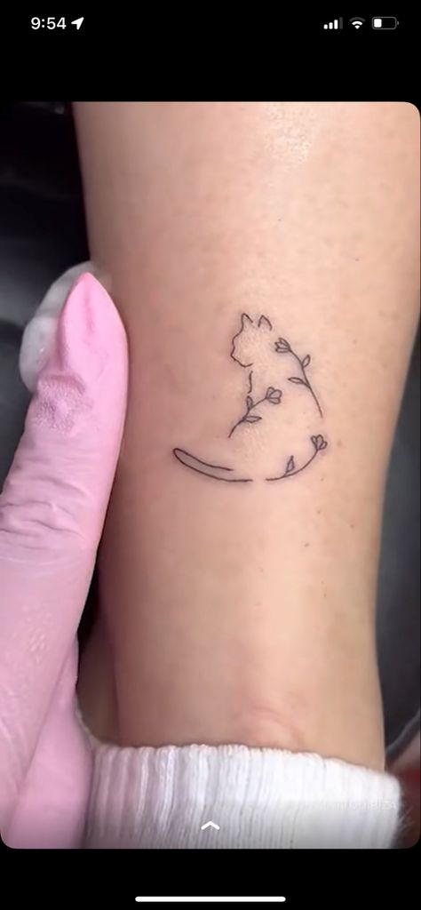 Tasteful Cat Tattoos, Cat Memory Tattoo Small, Fine Line Cat Tattoo Ideas, Small Cat Outline Tattoo, Pet Tattoo Ideas Cats, Dainty Cat Tattoo Simple, Meaningful Cat Tattoos, Passed Cat Tattoo, Fine Line Cat Tattoo With Flowers