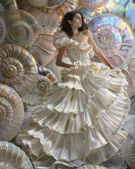 Nautilus Shell - Set #1 Tidal waves of elegant ruffles crash against shores of infinite style, her ethereal gown dances amidst shimmering nautilus shells. 🐚💫 🐚Nautilus Shell | #hypermarch24 Hosted by @ria_carrma | March 31, 2024🐚 #artgallery #aiartwork #artificialintelligence #digitalpainting #midjourneyart #midjourneycommunity #aiart #aiartist #digitalart #generativeart #newmediaart #aiartists #artoftheday #aiartcommunity #artbywomen #artedigital #artegenerativa #artgallery #nautilus #ruf... Sea Shell Fashion Dress, Sea Shell Inspired Fashion, Shell Inspired Fashion, Avangard Style, Sea Inspired Fashion, Tidal Waves, Ethereal Gown, Chambered Nautilus, Ethereal Elegance