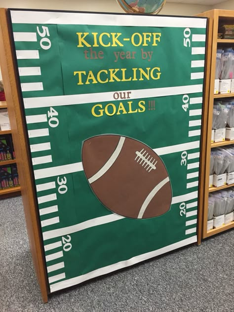 Football Back To School Bulletin Board, Sports Themed School Hallway, Football Library Display, Football Bulletin Board Ideas Schools, Sports Themed Classroom Ideas, Football Bulletin Board Ideas, Small Bulletin Board Ideas, Football Bulletin Boards, Sports Bulletin Boards