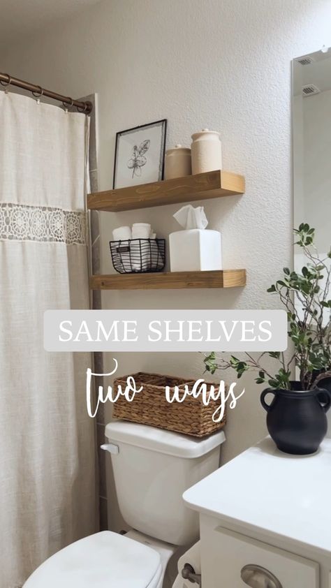 Shelves Behind Toilet, Bathroom Shelving Ideas, Small Bathroom Shelves, Bathroom Wood Shelves, Shelves Above Toilet, Above Toilet, Half Bathroom Decor, Shelves Over Toilet, Bathroom Shelves Over Toilet