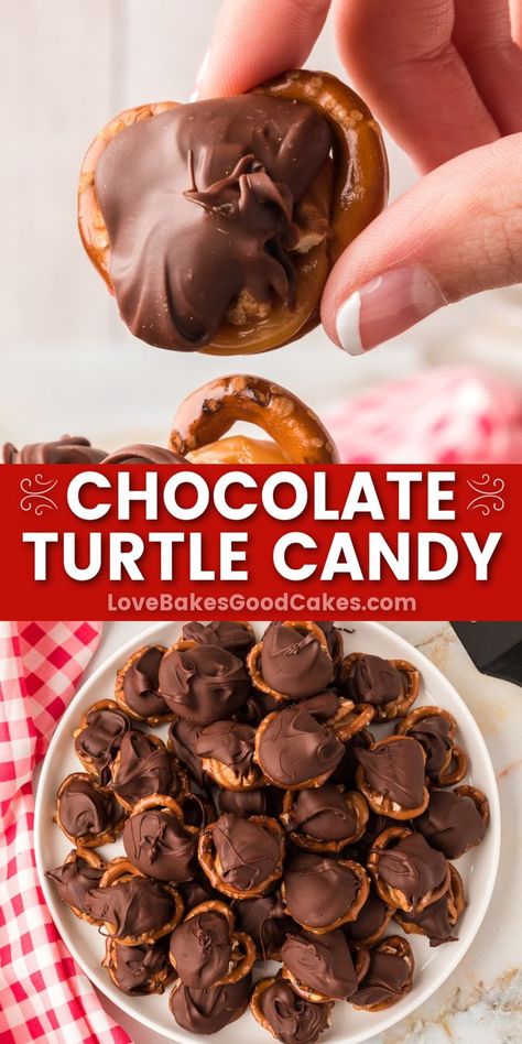 Chocolate Turtle Candy pin collage Pretzel With Chocolate Candy Melts, Christmas Fare, Turtle Candy, Caramels Recipe, Turtles Candy, Chocolate Turtle, Candy Melt, Chocolate Caramel Pretzels, Xmas Candy