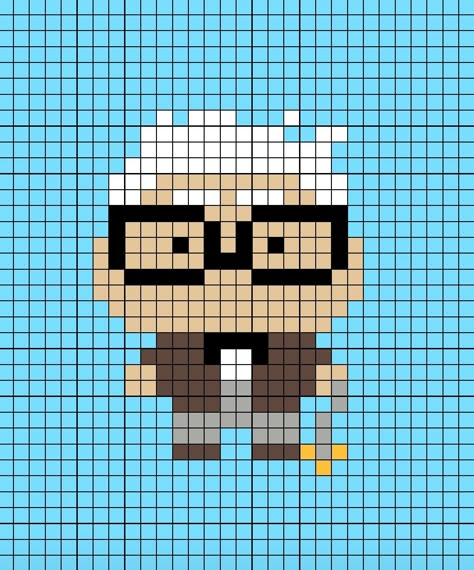 A pixel art template of Carl Fredrickson from Pixar's Up film. Pixar Perler Bead Patterns, Pixar Cross Stitch, Up Perler Bead Pattern, Pixar Pixel Art, Up Perler Beads, Disney Pixel Art, Pixel Art Disney, Up Disney Pixar, شركة المرعبين المحدودة