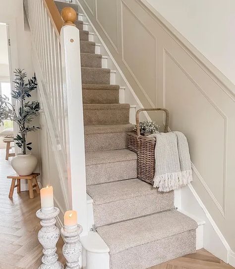 Farrow and Ball Shaded White 201 stairs Farrow And Ball Living Room, Cottage Hallway, Stairs And Hallway Ideas, White Flooring, Stair Basket, House Renovation Design, Stair Paneling, Entrance Hall Decor, White Hallway