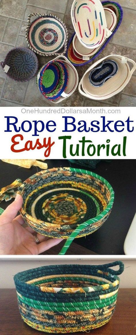 How to Make a Rope Basket, Rope Baskets, Rope Basket Tutorial Rope Tutorial, Rope Basket Tutorial, Fabric Basket Tutorial, Diy Rope Basket, Coiled Fabric Basket, Rope Projects, Coiled Baskets, Fabric Bowls, Beginner Sewing Projects Easy