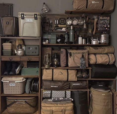 Outdoor Gear Storage, Tactical Gear Storage, Adventure Room, Gear Room, Camping Inspiration, Hunting Room, Camping Storage, Garage Design, Camping Survival