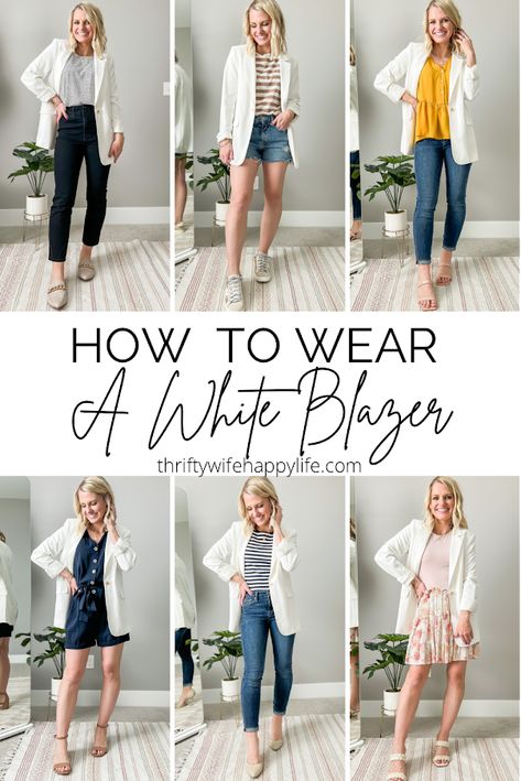 How to wear a white blazer Off White Blazer Outfit, Blazer Looks For Women, White Blazer Outfit Casual, White Blazer Outfit Work, White Blazer Work, How To Wear A White Blazer, White Jacket Outfit, White Blazer Outfits, White Blazer Women