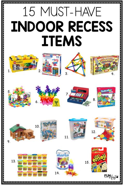 I came up with a list of my favorite Indoor Recess Items for your classroom.  I personally use many of these for my Morning Tubs, but they are also great for that dreaded inside recess. Indoor Recess Kindergarten, Indoor Recess Ideas Elementary, Indoor Recess Ideas, Indoor Recess Games, Indoor Recess Activities, Recess Activities, Rti Interventions, Recess Games, Teaching Board