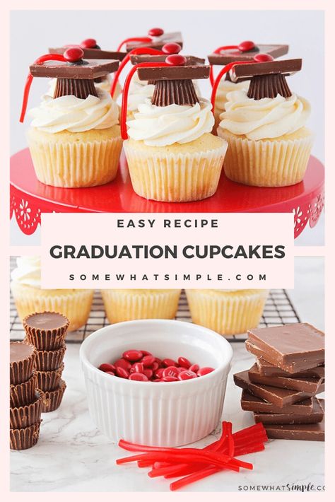 Graduation Cupcakes (Super Easy Recipe) | Somewhat Simple Easy Graduation Cupcakes, Cupcakes Decoration Graduation, Graduation Sweets Treats, Graduation Cap Desserts, Cupcakes For Graduation Party, Easy Graduation Desserts, Grad Cupcakes Ideas, Kindergarten Graduation Cupcakes, Easy Graduation Cake