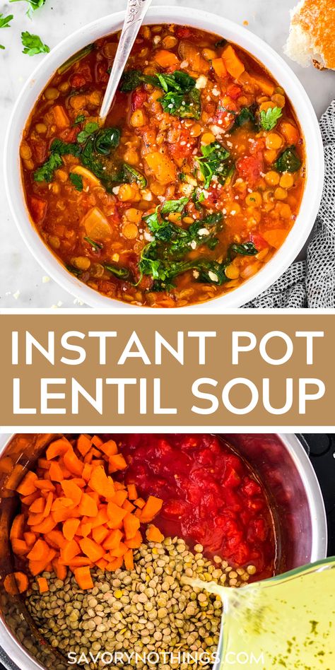 It’s warming, it’s easy, it’s Instant Pot Lentil Soup! Made with nutritious lentils, carrots, celery and onion, this is a plant-based superstar for cozy nights at home. | #instantpot #soup #souprecipe #fallfood #dinner Plant Based Slow Cooker, Carrot And Celery Recipes, Pressure Cooker Lentils, Instant Pot Lentil Soup, Lentils Instant Pot, Slow Carb Recipes, Tomato Lentil Soup, Carrot And Lentil Soup, Spicy Carrots