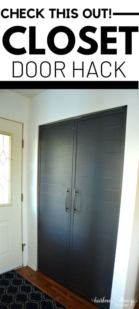 Closet Door Repurpose, Hall Laundry Closet Door Ideas, Utility Closet Door Ideas, How To Install Closet Doors, Bifold Into French Doors, Shiplap Bifold Closet Doors, Turning Bifold Doors Into French Doors, How To Turn Bifold Doors Into French, Entryway Closet Door Ideas