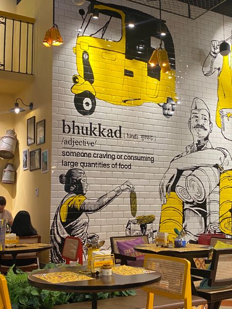 Cafe Paintings Art Coffee Shop, Indian Restaurant Interior Design Creative, Restaurant Wall Painting Ideas, Cafe Wall Art Creative, Wall Graphics Restaurant, Cafe Themes, Wall Design Painted, Plaster Diy, Restaurants London