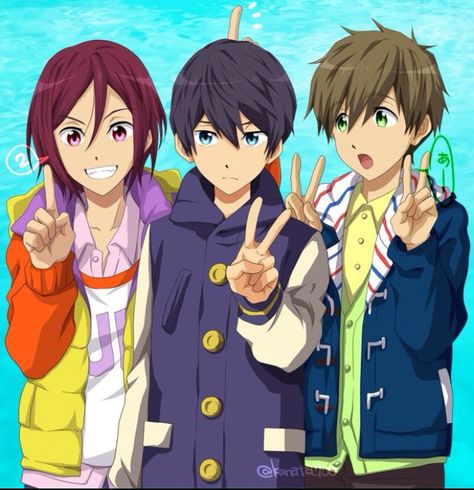 rin, haru, and makoto Rin Haru, Haru And Makoto, Swimming Anime, Anime W, Rin Matsuoka, Free Eternal Summer, Splash Free, Free Iwatobi Swim Club, Kyoto Animation