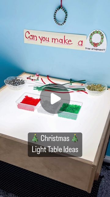 Jamie White on Instagram: "Christmas Light Table Ideas: 🎄Make an ornament with pony beads and pipe cleaners 🎄Make a gingerbread cookie with table scatter 🎄Use transparent pattern blocks to make Christmas shapes (free templates from @prekinders !) 🎄Decorate a tree with table scatter pieces  #lighttableactivities #lighttableplay #christmascenters #preschoolactivities #preschoolclassroom #prek #prek3 #prek4" Holiday Light Table Activities, Christmas Light Table Activities, Christmas Light Table, Santa Activity, Light Table Ideas, Make An Ornament, Jamie White, Christmas Shapes, Christmas Preschool