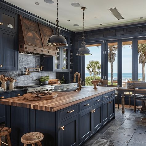 Get Inspired: 30 Blue Kitchen Ideas You’ll Love Kitchen Ideas American Style, Kitchen Ideas Ranch Style, Kitchen Countertops With Blue Cabinets, Blue Island Brown Cabinets, Blue Kitchen Cabinets Butcher Block Counter, Rustic Kitchen Blue Cabinets, Wood Cabinets With Blue Backsplash, Blue Kitchen With Wood Countertops, Blue Brown Kitchen Ideas