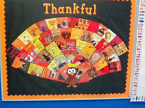 Thankful for Books bulletin board Turkey made from book covers. Thanksgiving Bulletin Boards For School Library, Library Thanksgiving Bulletin Boards, Thanksgiving Library Bulletin Board Ideas, Thankful Turkey Bulletin Board, October Library Bulletin Boards, Thankful Bulletin Board, Bulletin Board Library, Books Bulletin Board, Fall Library Displays