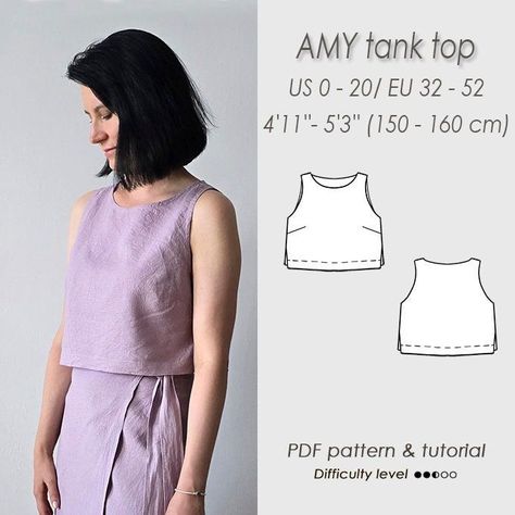 Tank top Sewing Pattern/ basic crop top PDF Sewing Digital Pattern for women/ tutorial/ AMY tank top Tank Top Sewing, Tank Top Sewing Pattern, Crop Top Sewing Pattern, Diy Crop Top, Basic Crop Top, Stylish Crop Top, Tank Top Pattern, Trendy Crop Tops, Cute Sewing Projects