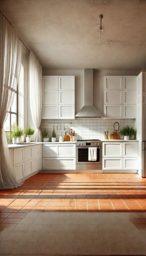 15+ Beautiful Colors to Pair with Terracotta Floor Tiles Instantly 37 Terracotta Kitchen Floor White Cabinets, Teak Parquet Floor, Kitchen Floor White Cabinets, Terra Cotta Floor Kitchen, Terracotta Floor Living Room, Terracotta Floor Tiles Kitchen, Terracotta Floor Kitchen, Kitchen Terracotta Floor, Kitchen With Terracotta Floor