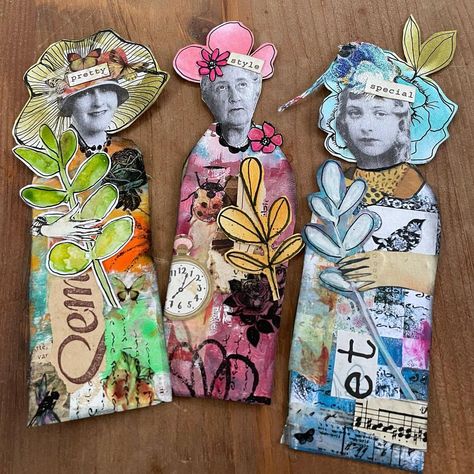 Paper Art Dolls, Megan Quinlan Paper Dolls, Mixed Media Paper Dolls, Diy Paper Dolls, Textile Art Dolls, Collage Art Projects, Paper People, Mixed Media Crafts, Paper Collage Art