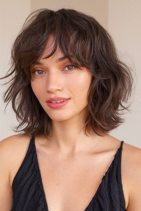 Trendy 70s short shag haircut with soft layers and bangs Shag Cut Straight Hair, Layers And Wispy Bangs, Short Shag Haircut, Wavy Hair Types, Haircuts Trending, Pixie Cut With Undercut, Short Shag Haircuts, Pixie Cut With Bangs, Easy Hairdos