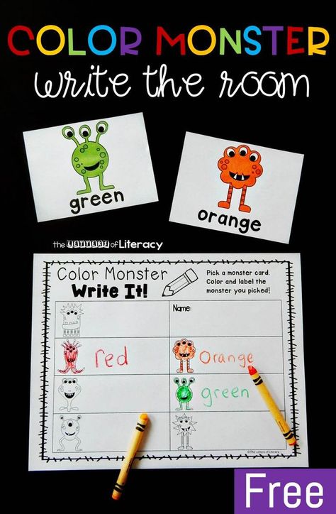 This fun color monster write the room activity makes learning color words even more exciting! Grab the free printable and you have a new writing center! Color Unit Kindergarten, Teaching Color Words, Color Words Kindergarten, Writing Activities For Kindergarten, Kindergarten Writing Center, Color Word Activities, Read And Color, Writing Center Kindergarten, Color Monster