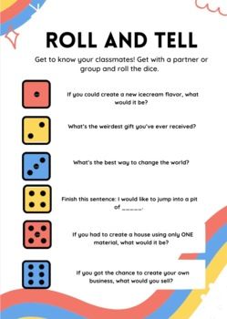 Back To School Activity - Roll and Tell #2 Dice Activity | TpT Dice Debrief, Roll The Dice Game, Play Doh Activities, Parent Hacks, Partner Cards, Bored Jar, Back To School Activity, Get To Know You Activities, Esl Activities