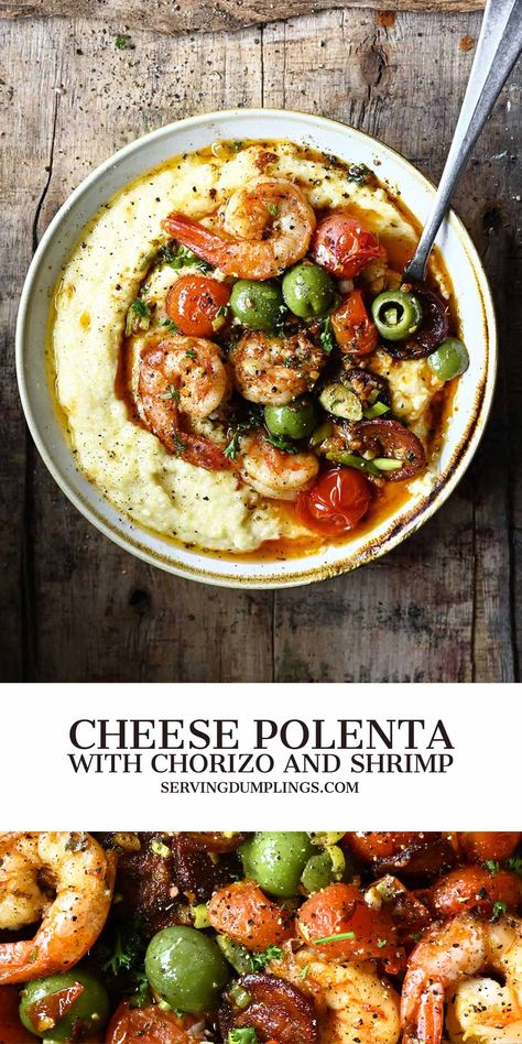 Cheese Polenta with Chorizo and Shrimp - Serving Dumplings Serving Dumplings, Mediterranean Seafood, Cheese Polenta, Seafood Medley, Polenta Recipes, Manchego Cheese, Diner Recept, Garlic Butter Sauce, Manchego