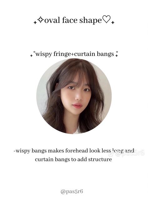 Face Types Shape Hairstyles, Bangs Style For Oval Face, Korean Hairstyles For Oval Face Shape, Curtain Bangs On Oval Face Shape, Asian Bangs Oval Face, French Bangs Oval Face, Fringe Bangs Heart Shaped Face, Bangs For Oval Face Shape, Types Of Bangs Fringes Face Shapes