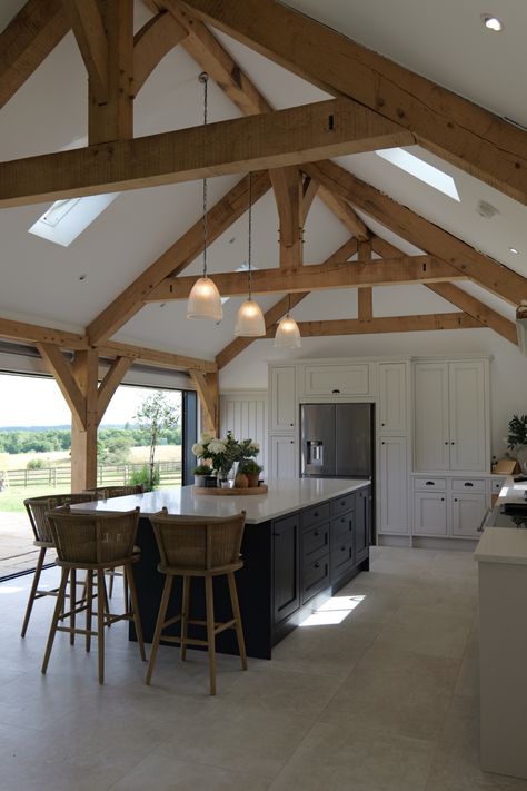 Exposed Beams Ceiling Kitchen, Kitchen With Pitched Ceiling, Building Ribbons, Barn House Conversion, Inframe Kitchen, Quartz Island, Barn Conversion Interiors, Oak Framed Extensions, Vaulted Ceiling Lighting