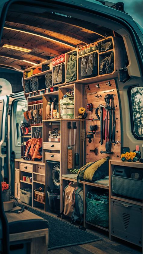 An eco-friendly gear wall with recycled materials and sustainable storage in a van. Van Organization, Gear Wall, Cargo Trailer Camper, Van Storage, Storage Systems, Van Living, Travel Van, Wall Designs, Cargo Trailers