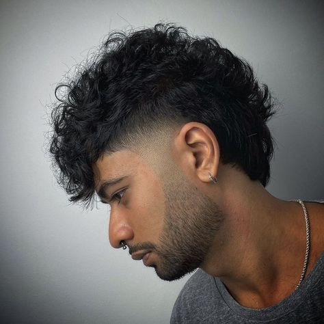 Curly Fohawk Haircut Men, Fohawk Haircut Fade Men, Curly Faux Hawk Men, Curly Fohawk Haircut, Curly Hair Mullet Boys, Taper Mullet Fade, Curly Mohawk Hairstyles Men, Boys Mullet Haircut Kids, Fade Mullet Haircut