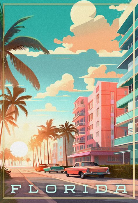 Florida Poster Vintage, Florida Travel Poster, Retro Florida Aesthetic, Old Miami Aesthetic, 1980s Miami Aesthetic, South Beach Miami Aesthetic, Miami Graphic Design, Miami Vibes Aesthetic, Miami Poster Design