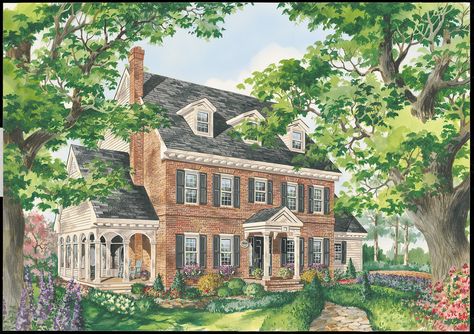 Plan #25-4761 - Houseplans.com Brick Skirt On Farmhouse, Front Door For Brick Colonial Home, Colonial Farmhouse No Shutters, Houses With Shutters Exterior Brick, Brick Colonial House, Classic Colonial Homes, Brick House Exterior, House Plans Colonial, Brick Colonial