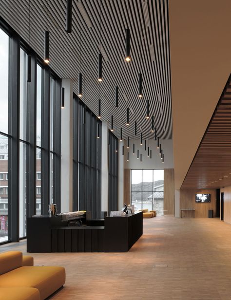 SoLong pendant at Bodø Cultural House, Norway Auditorium Design, Building Lobby, Hotel Lobby Design, Lobby Interior Design, Architectural Lighting Design, Showroom Interior Design, Modern Office Design, Lobby Interior, Ceiling Light Design