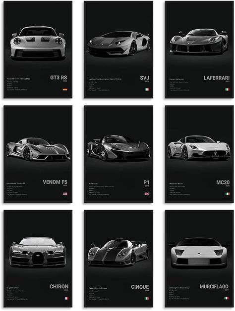 Amazon.com: InklingArt Super Car Poster Wall Art, Classics Supercar Print Set For Men Cave Boys Room Bedroom Home Decor, 911GT3 RS Cool Racing Ferrari Lamborghini McLaren Pagani Poster 9pac/Set 8x12in Unframed: Posters & Prints Car Lover Room Ideas, Room Ideas For Car Guys, Car Posters For Room, 911gt3 Rs, Car Collage, Pagani Car, Car Room Decor, Lamborghini Mclaren, Male Office