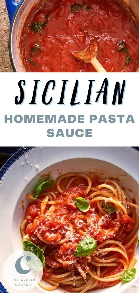 This Sicilian-style sauce is quick, authentic, and homemade. It's made with only onions, tomatoes, and herbs giving it an earthy, simple, and delicious flavor. It's a little sweet, perfectly savory, and cooks up in 40 minutes. Homemade Italian Tomato Sauce, The Clever Carrot, Homemade Pasta Sauce, Homemade Pasta Recipe, Pasta Sauce Homemade, Homemade Sauce Recipes, Italian Dinner Recipes, Italian Sauce, Italian Pasta Recipes