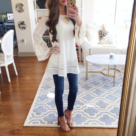 Southern Curls & Pearls: Huge Instagram Roundup White Tunic Outfit, White Lace Tunic, Tunic Outfit, Southern Curls And Pearls, Vetements Clothing, Church Outfit, White Tunic, School Inspiration, Top Outfit