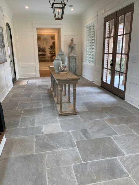 Stone Floor Sunroom, Mudroom Tile Floor Ideas Rustic, Honed Tile Floor, Tile Floor Ideas Entryway, Natural Stone Floor Kitchen, Stone Foyer Flooring, Pavers Kitchen Floor, Rustic Tile Floor Living Room, Entry Way Tile Floor Mosaic