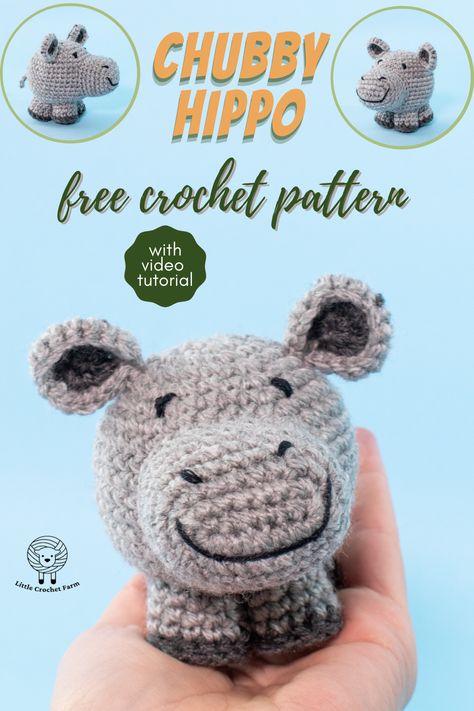 Happy hippo amigurumi! This chubby amigurumi hippo will make you smile! Free amigurumi pattern with a complete video tutorial! Great for amigurumi beginners! Easy and fast amigurumi project, this chubby hippo crochet toy is one of many chubby crochet Animals available on littlecrochetfarm.com Crochet Animal Free Pattern, Fast Amigurumi, Chubby Animals, Hippo Amigurumi, Crochet Farm, Diy Plush Dolls, Crochet Hippo, Advanced Crochet, Crochet Animals Free Patterns