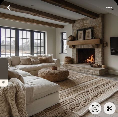 Living Room Sectional Fireplace, Simple Cozy Decor, European Summer Decor, Spanish Mediterranean Interior Design, Earthy Organic Living Room, Dark Beams Living Room, Large Living Room Designs, Salon Farmhouse, Farm Living Room