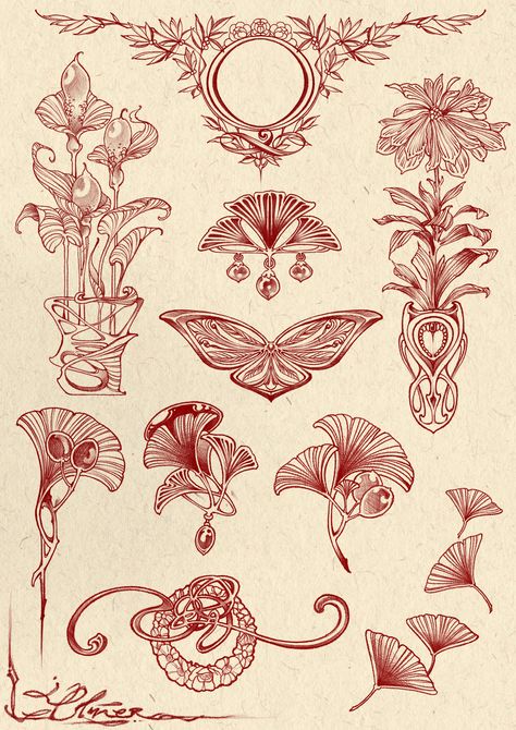 Art Nouveau Daffodil Tattoo, Art Deco Tattoo Design, Art Nouveau Ornaments, Art Nouveau Tattoos, Tattoo Filigree, Art Nouveau Floral Tattoo, Art Nouveau Flowers Illustration, Art Nouveau Tattoo Design, Art Nouveau Design Pattern