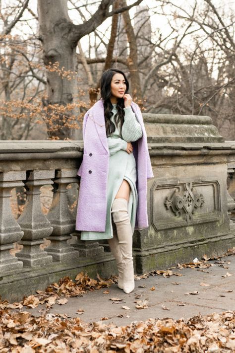 Wendy's Lookbook Winter, Lavender Coat Outfit, Suede Pumps Outfit, Purple Coat Outfit, Pastel Winter Outfit, Kawaii Alt, Sweater Dress Boots, Mint And Lavender, Wendy Nguyen