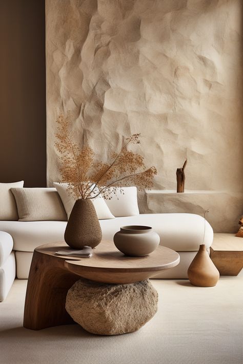 Infuse your space with #Japandi-inspired serenity using a stone-inspired side table, earthy tones, and emotive lighting. A captivating blend of southern countryside charm and boho chic style awaits. #JapandiDesign #BohoChicLiving #SculptedSerenity #HomeDecor #InteriorInspo #TranquilSpaces #EarthTonesDecor Stone Inspired Interior, Side Wall Table Decor Living Room, Japandi Stone Wall, Wabi Sabi Table Decor, Earthy Tone Interior Design, Earthy Style Living Room, Earthy Design Interiors, Earthy Tones Decor, Organic Style Interior Design