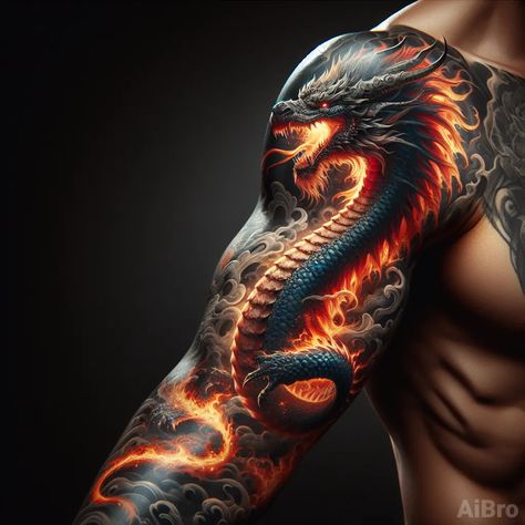 Colorful tattoo of a fire-breathing dragon drawn on a man’s muscular arm. I want to see a dragon that looks powerful, realistic and evokes an impression of strength and energy. Please create a realistic effect to make the dragon look lifelike and three-dimensional. Professional studio photography, studio lighting, high detail, sharp focus. Dragon On Fire Tattoo, Dragon Spitting Fire Tattoo, Dragon Tattoo Arm Men, Lisbeth Salander Tattoo, Dragon With Fire Tattoo, Dragon Tattoo Man, Dragon Tattoos For Men Arm, Dragon Breathing Fire Tattoo, Fire Breathing Dragon Tattoo