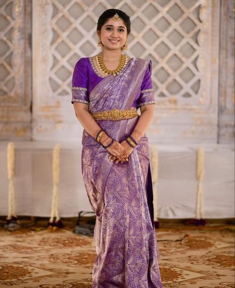 Purple Color Pattu Saree, Violet Pattu Saree, Benaras Georgette Sarees, Lavender Kanchipuram Saree, Benaras Sarees, Violet Saree, Engagement Sarees, Lavender Saree, Silk Saree Blouse Designs Patterns