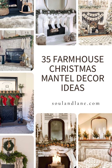 Adorn your fireplace with the homely and warm vibes of farmhouse style using 35 Christmas mantel décor ideas. Discover rustic elements and classic touches that create a festive focal point in your living space. Click through to explore designs that radiate comfort and joy, promising a mantel that brings the cozy charm of a farmhouse Christmas right into your home. Farmhouse Christmas Mantel Decor, Christmas Hearth Ideas, Farmhouse Christmas Fireplace Decor, Brick Fireplace Christmas Decor, Rustic Christmas Mantle Decor, Christmas Mantles Ideas Fireplaces, Rustic Glam Christmas Decor, Christmas Mantle Decor Fireplaces, Rustic Christmas Mantle