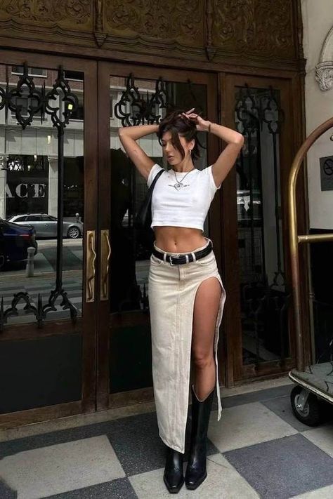 Latin Concert Outfit Ideas, Summer Cowboy Boots Outfit, Summer Cowboy Boots, Summer Cowboy, Boots Outfit Ideas, Cowboy Boots Outfit, High Waist Maxi Skirt, High Waisted Maxi Skirt, Ankle Length Skirt